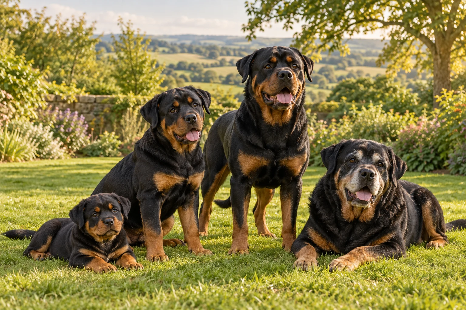 A Rottweiler puppy, adolescent, adult and senior relaxing together in a sunny countryside garden
